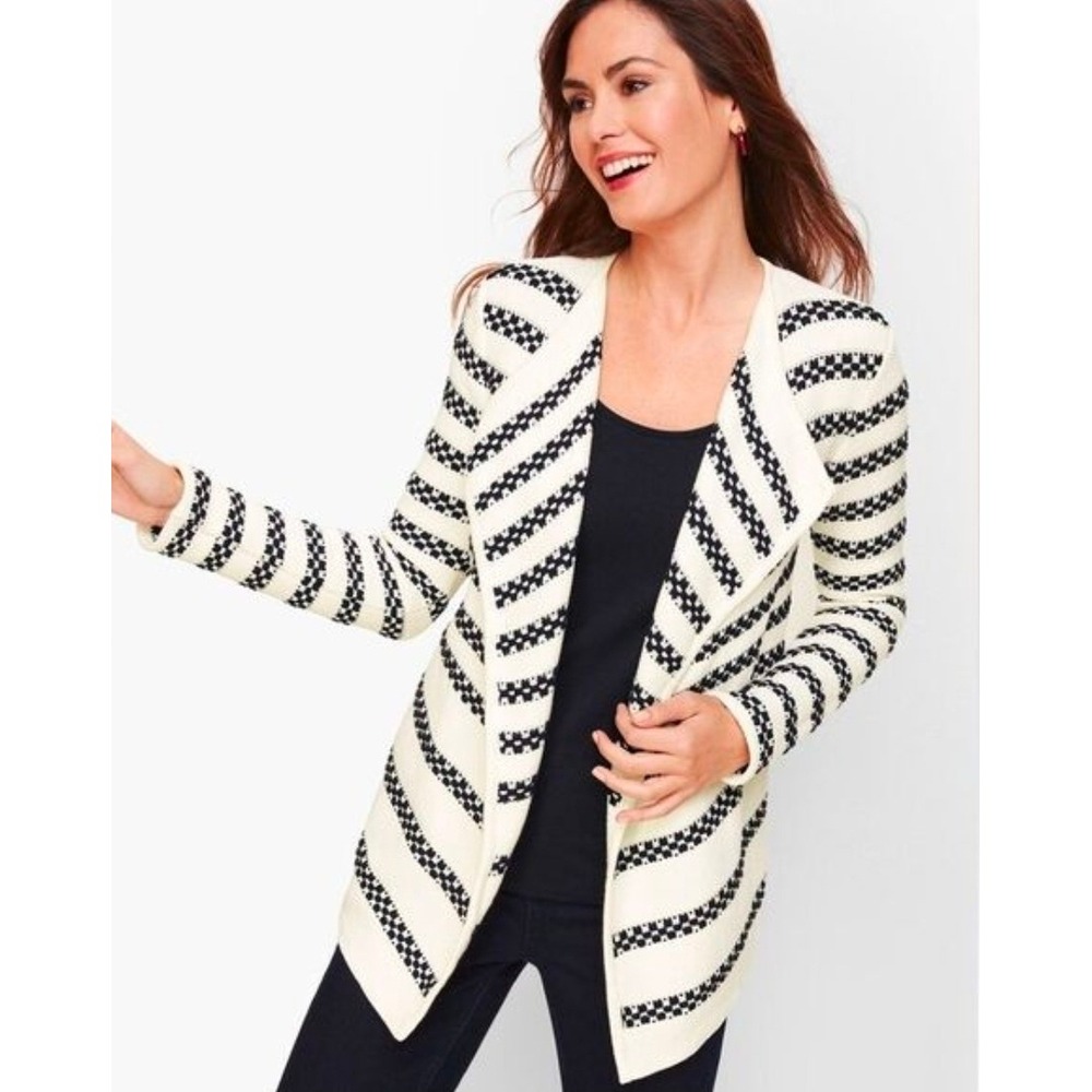 Talbots Womens Large Black White Striped Open Front Textured Knit Cardigan L